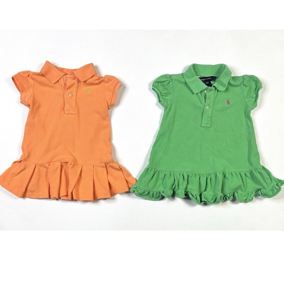 Ralph Lauren Other - Ralph Lauren Polo 2 Dresses Baby Girls 12M Green Orange Short Sleeve Ruffle Pony